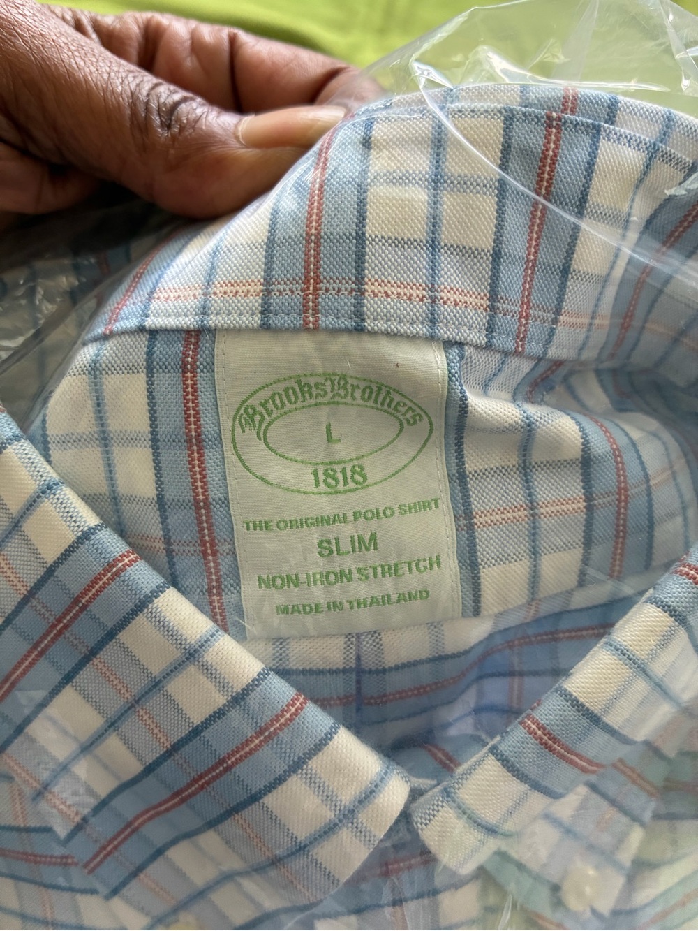 Brooks Brothers Blue and White Plaid Slim Polo with Red Accents